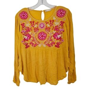 Altar'd State Marygold Yellow Floral Embroidered Boho Flowy Peasant Top Sz S